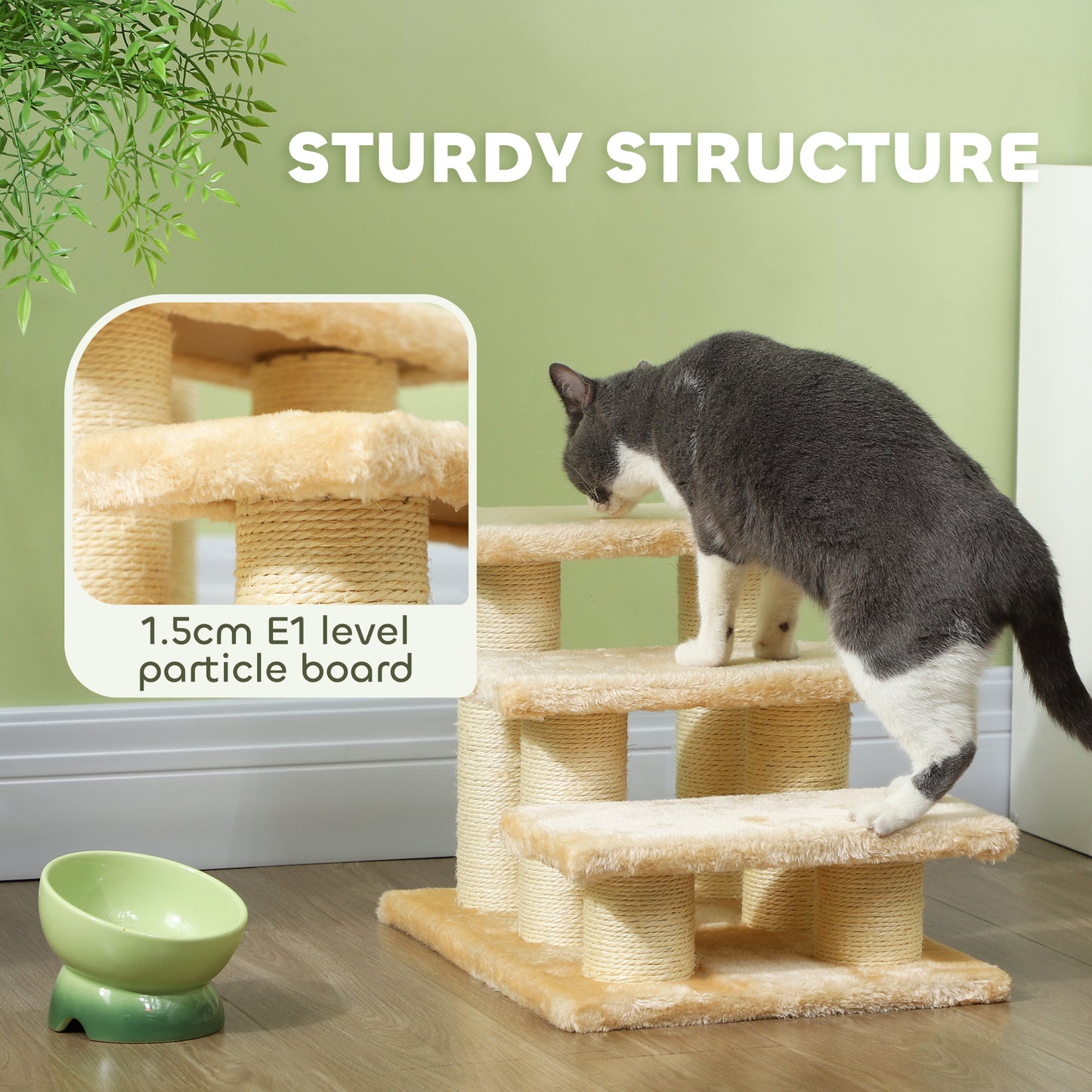 velour cat tree, sisal wrapped posts, soft beige platforms, natural light, green ceramic bowl nearby