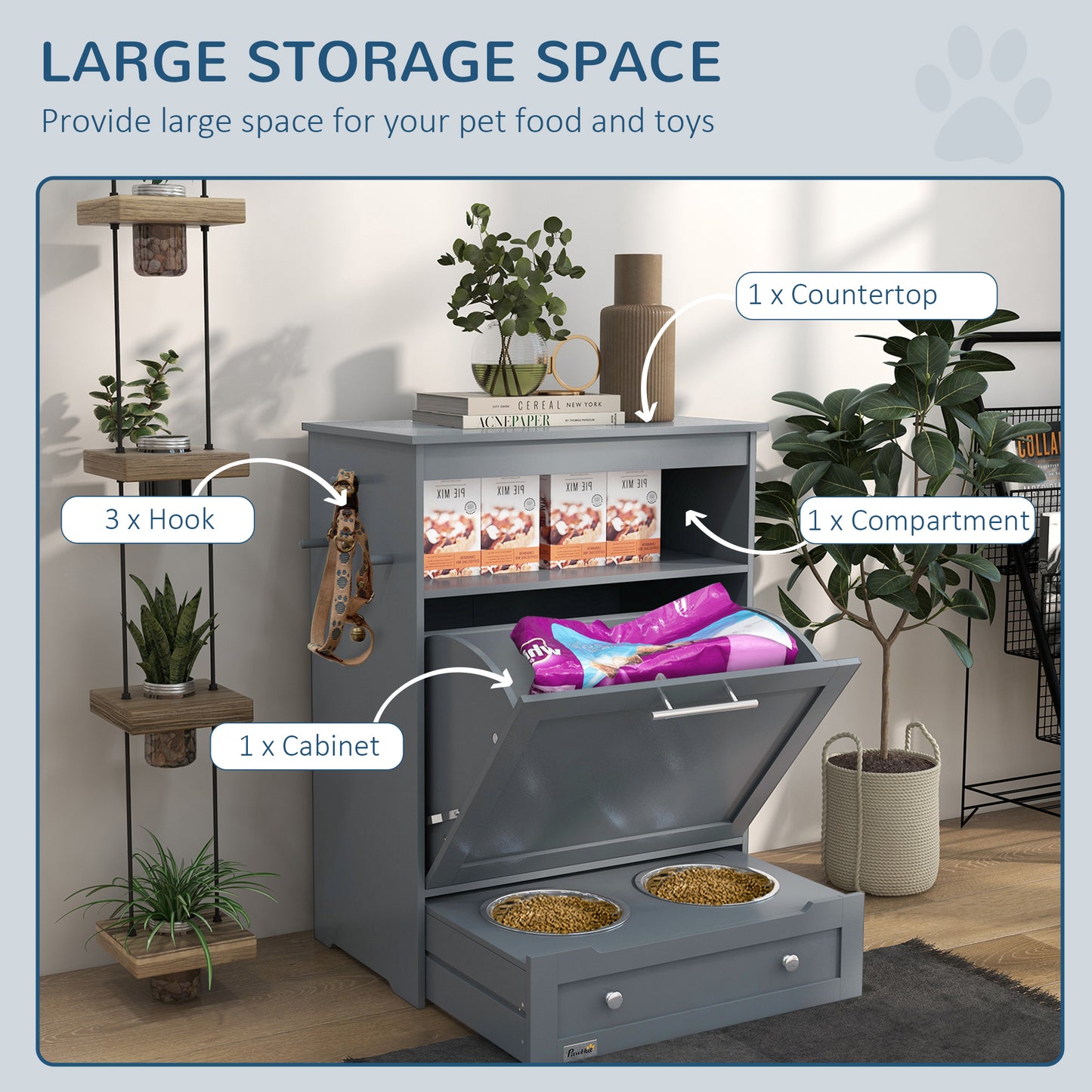 grey pet storage cabinet, open compartment with food bags, countertop with books, soft indoor light
