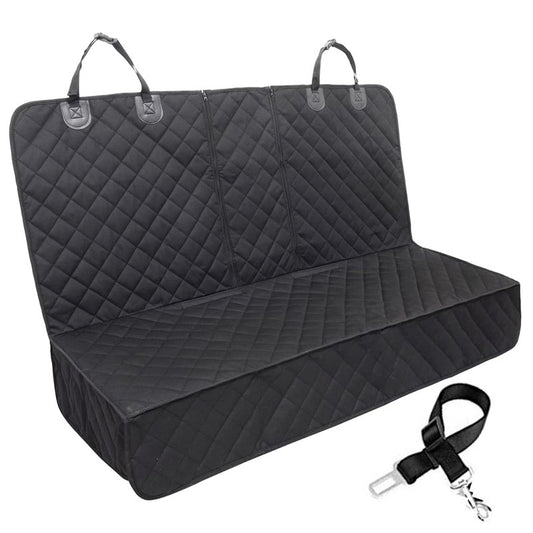 black quilted pet car seat cover, diamond stitching, with safety strap, studio lighting