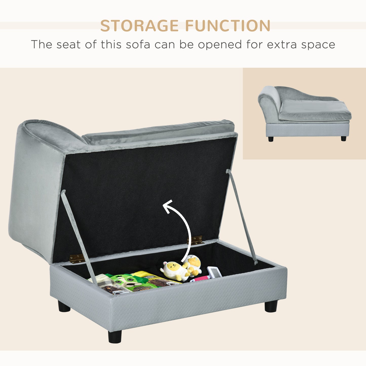velour pet sofa with storage, light grey upholstery, black interior, plush toys inside, soft studio lighting