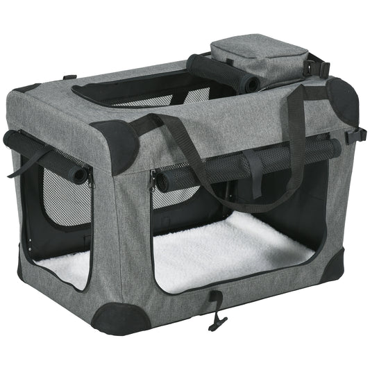 Grey soft-sided folding pet carrier