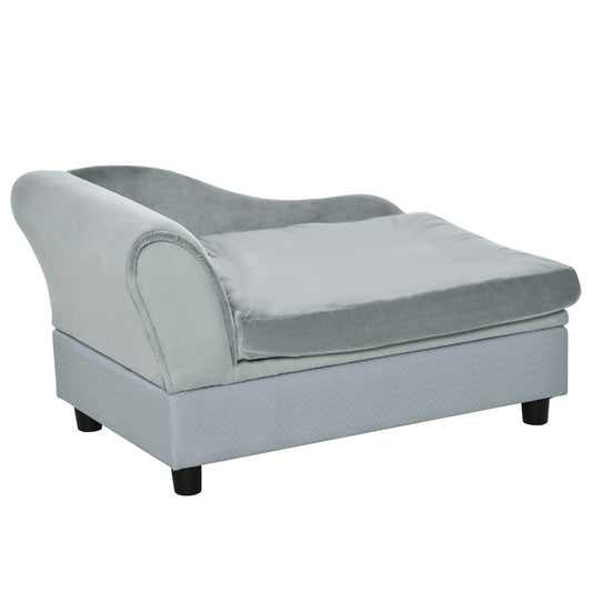 soft grey velour pet sofa, quilted base, black legs, studio lighting