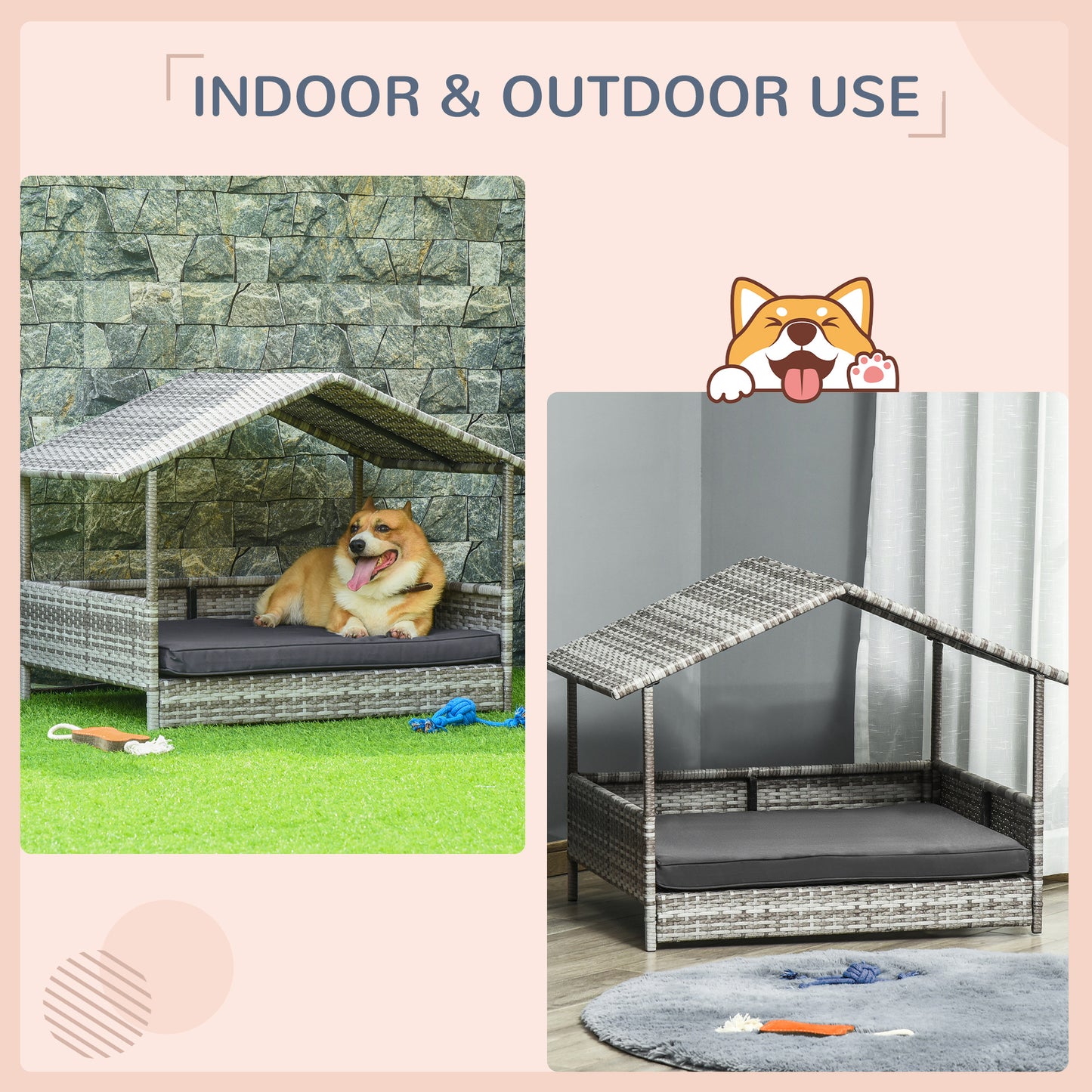 rattan dog bed with grey cushion, natural light, stone wall outdoors and sheer curtains indoors