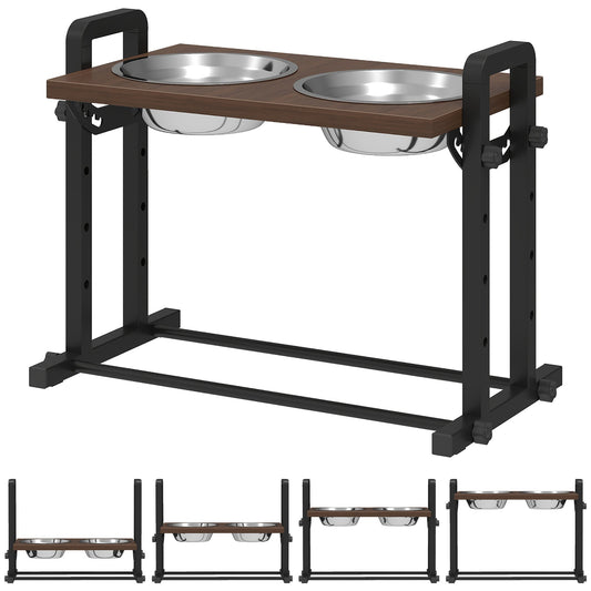 A raised wooden dog feeding stand