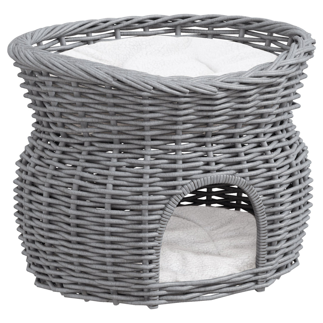 A two-tier woven willow cat house