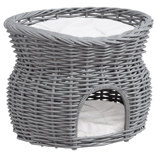 A two-tier woven willow cat house