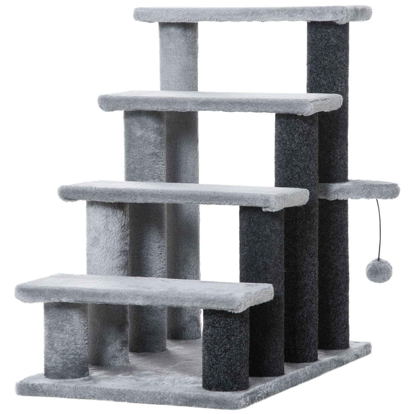 velour cat tree, grey and charcoal tones, multi-level perches with dangling pom-pom toy