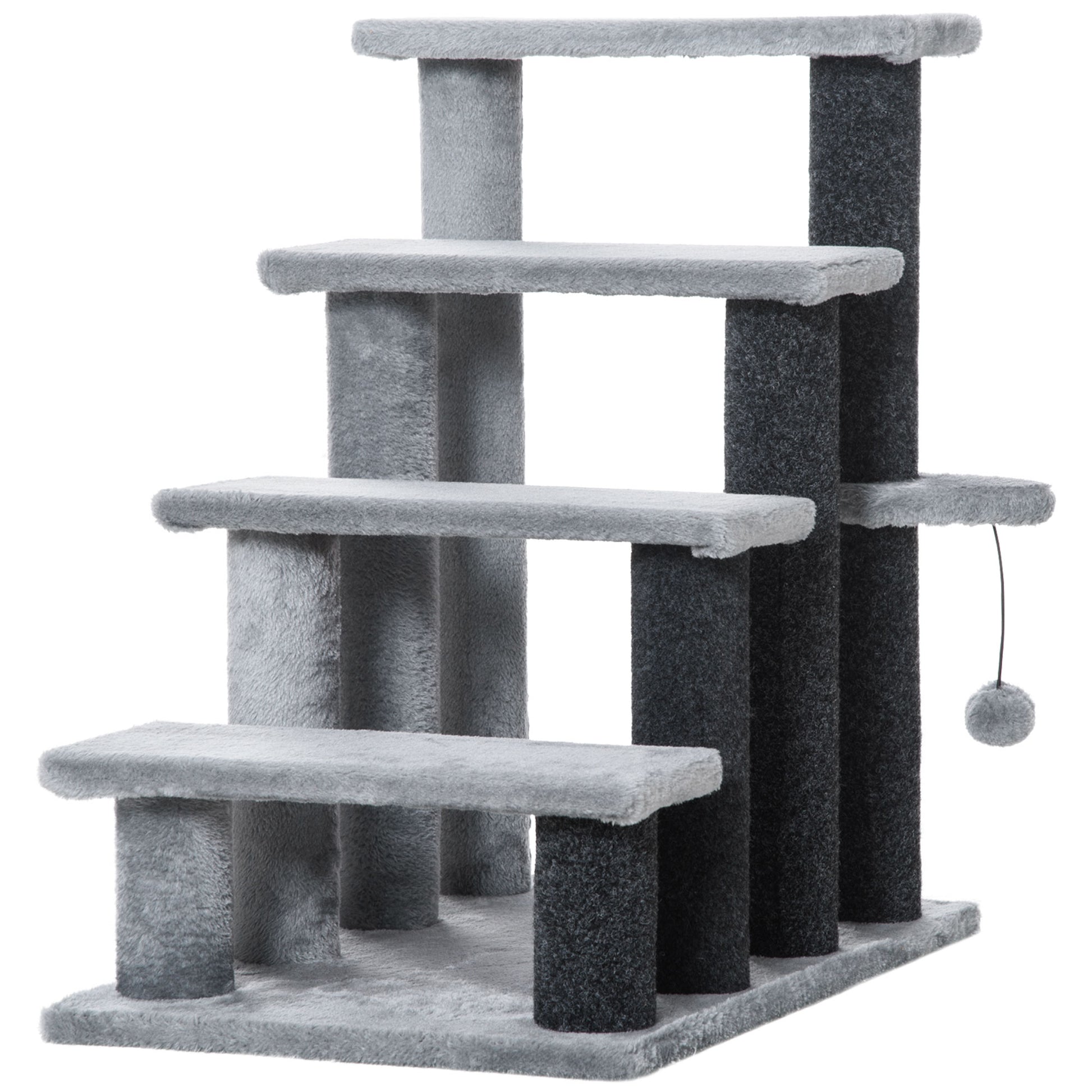 velour cat tree, grey and charcoal tones, multi-level perches with dangling pom-pom toy