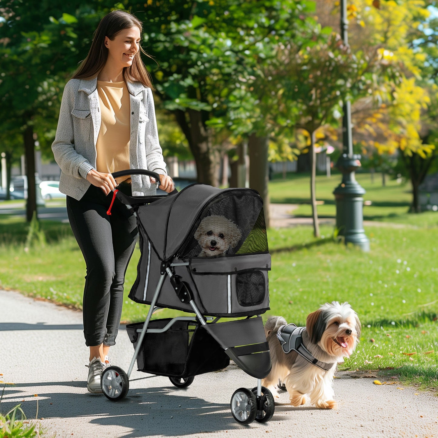 pet stroller with mesh sides, silver frame, two small dogs, park path, dappled sunlight