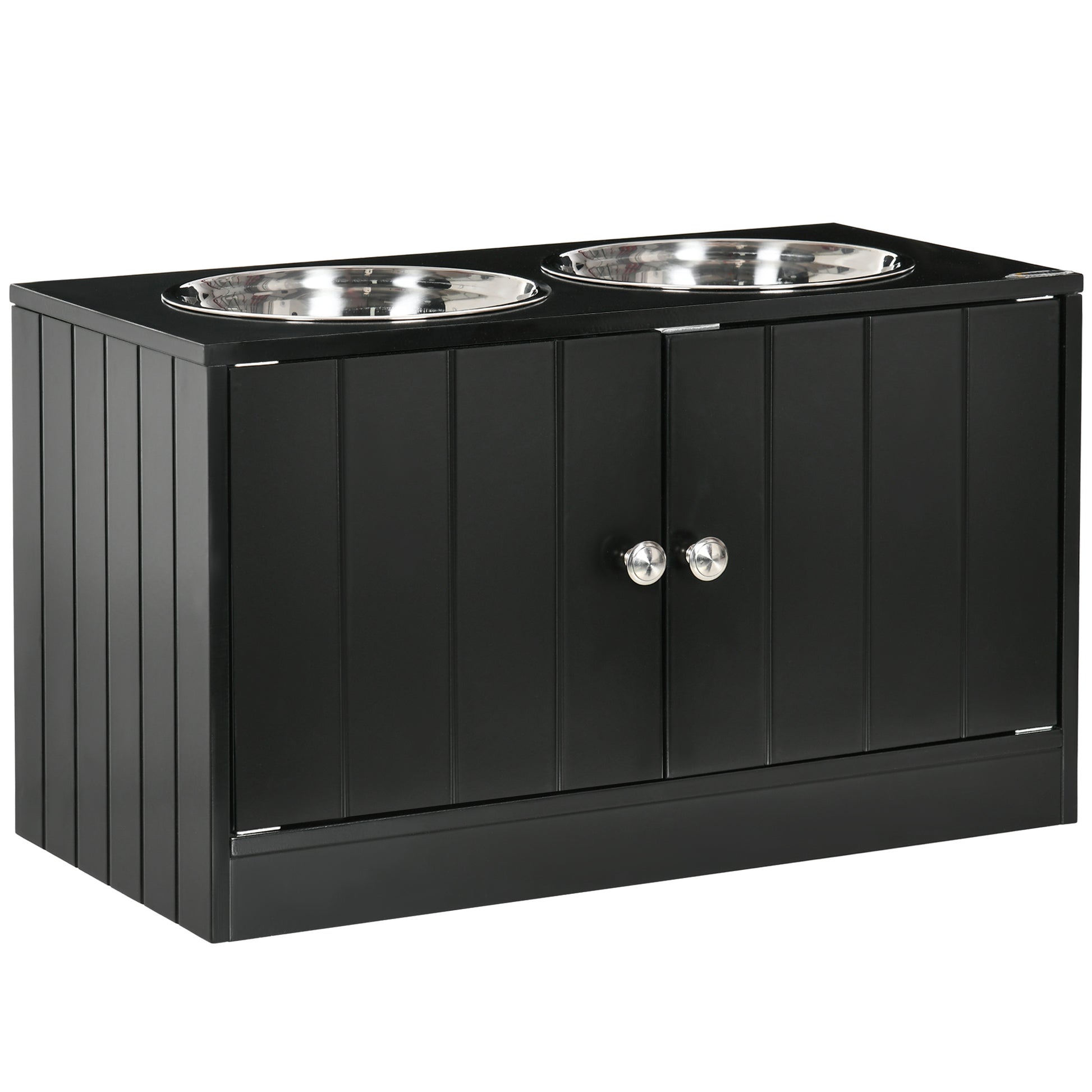 black raised pet feeder with two stainless steel bowls, vertical paneling, silver knobs