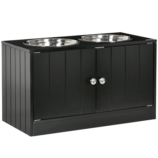 black raised pet feeder with two stainless steel bowls, vertical paneling, silver knobs