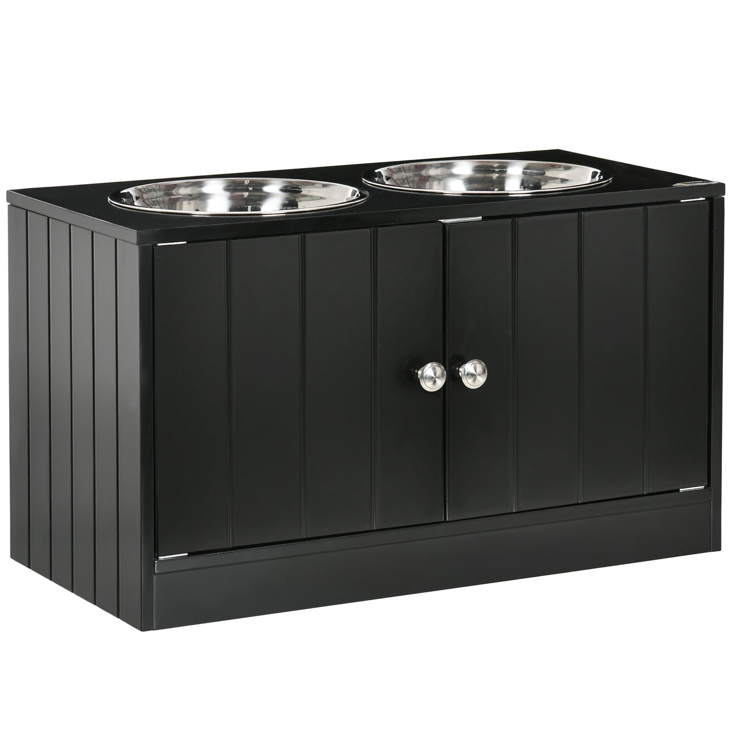 black wood raised feeder with two stainless steel bowls, vertical paneling, silver knobs
