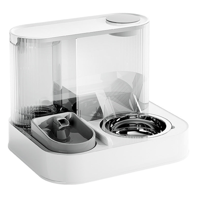 white plastic base, clear acrylic reservoir, stainless steel bowl, matte grey drinking spout