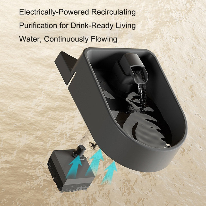 matte black pet water fountain, recirculating flow, soft ambient light