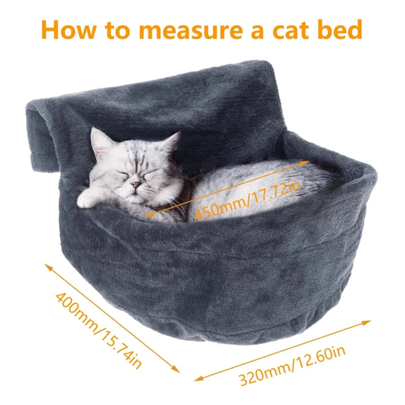 velour cat bed, soft grey plush, sleeping cat, warm neutrals, measured dimensions