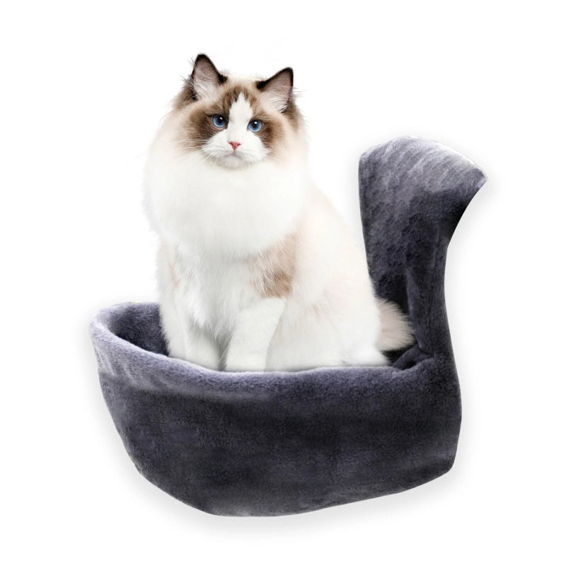 velour pet bed, fluffy ragdoll cat, soft grey fabric, minimalist white backdrop