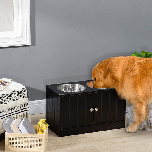 black wood raised feeder, stainless steel bowls, golden retriever eating, soft daylight, warm neutrals