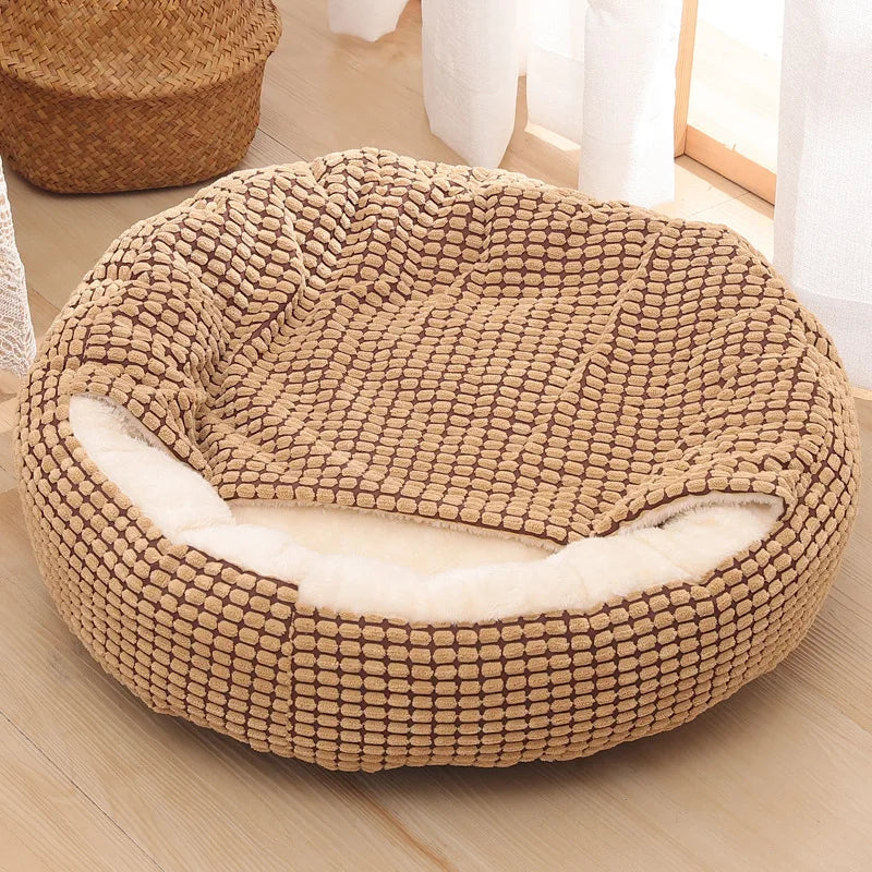 Round Animal Bed with Soft Fleece, Thicken Nest, and Semi-Enclosed Design for Dogs and Cats