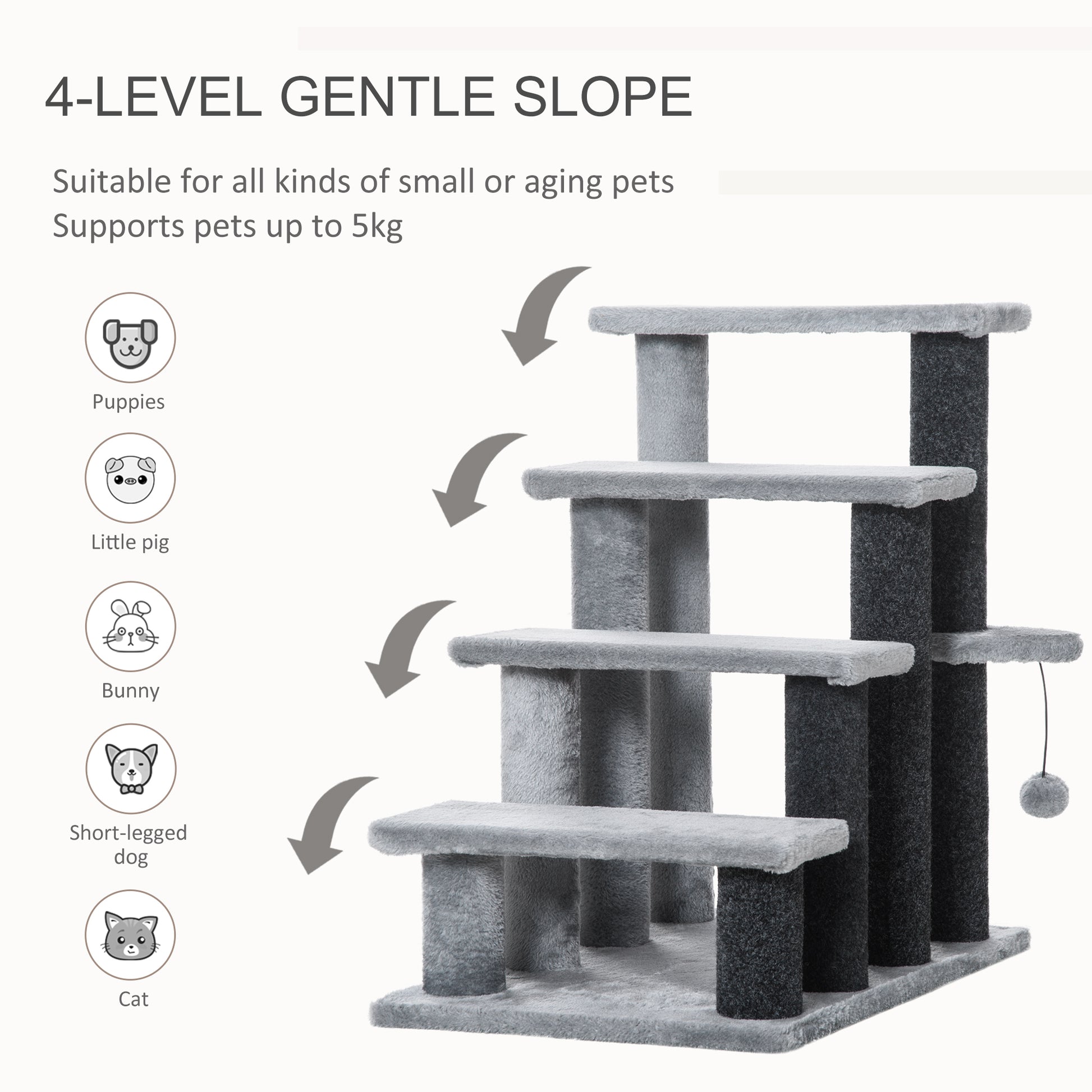 soft grey velour pet tree, four-tier gentle slope, dark grey posts, minimalist studio light