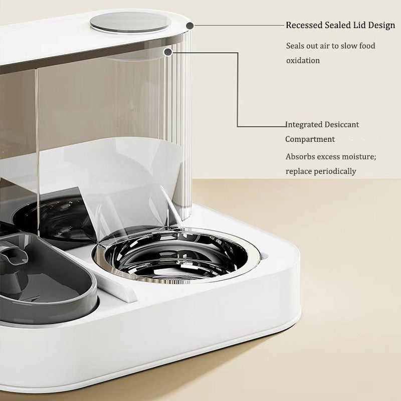 white raised pet feeder, stainless steel bowls, recessed sealed lid, integrated desiccant compartment, soft studio light