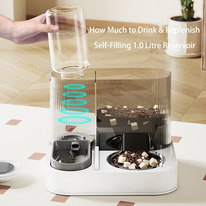 self-filling 1.0 litre reservoir, matte white base, clear acrylic panels, dry kibble in warm neutrals