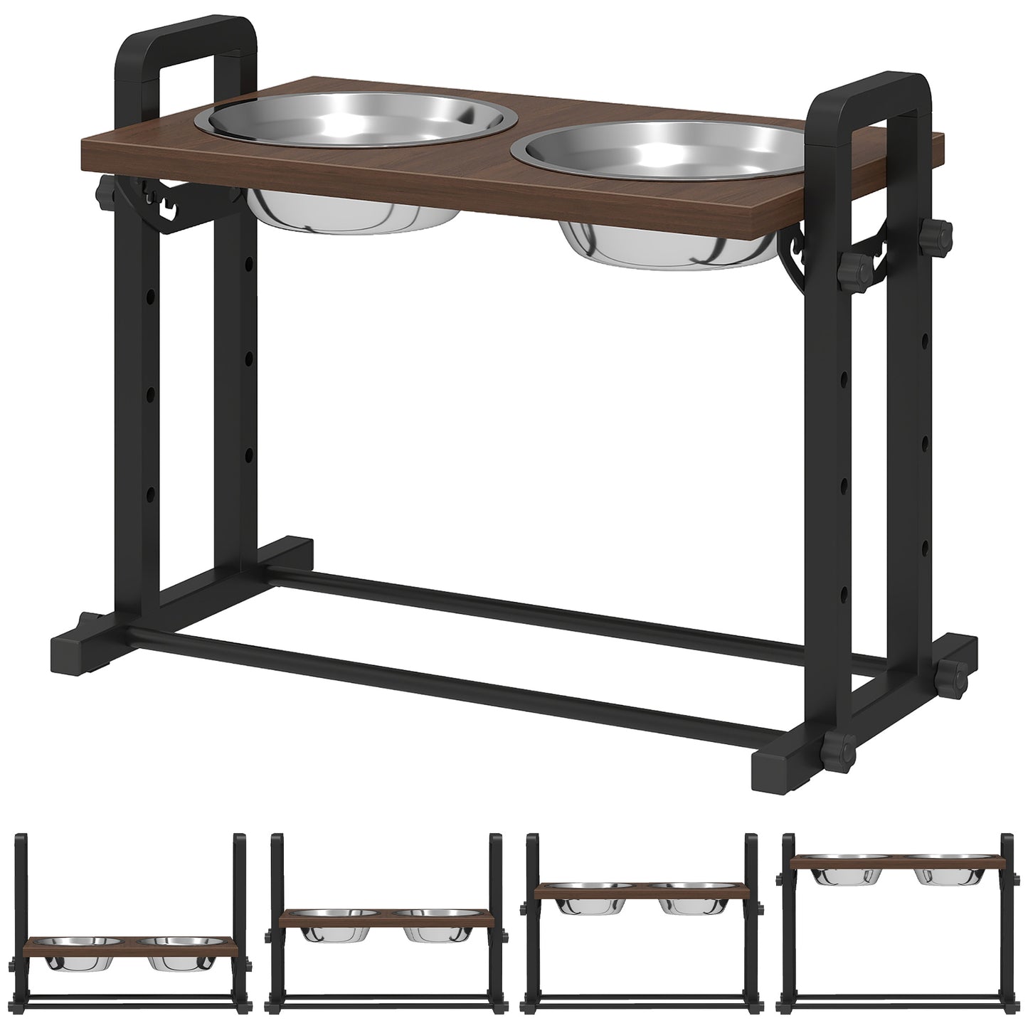 Raised wooden dog feeding stand with two bowls