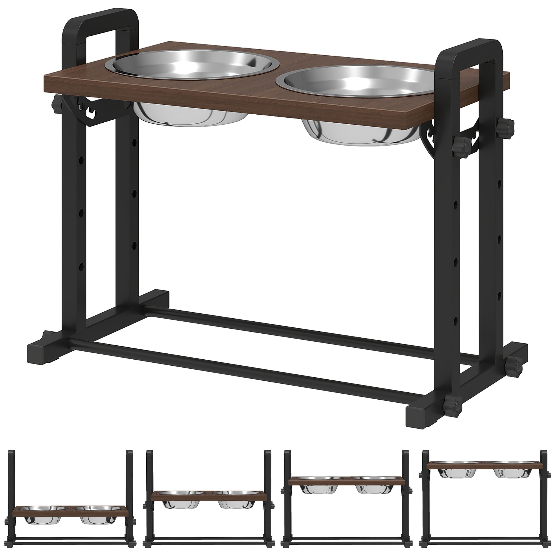 Raised wooden dog feeding stand with two bowls