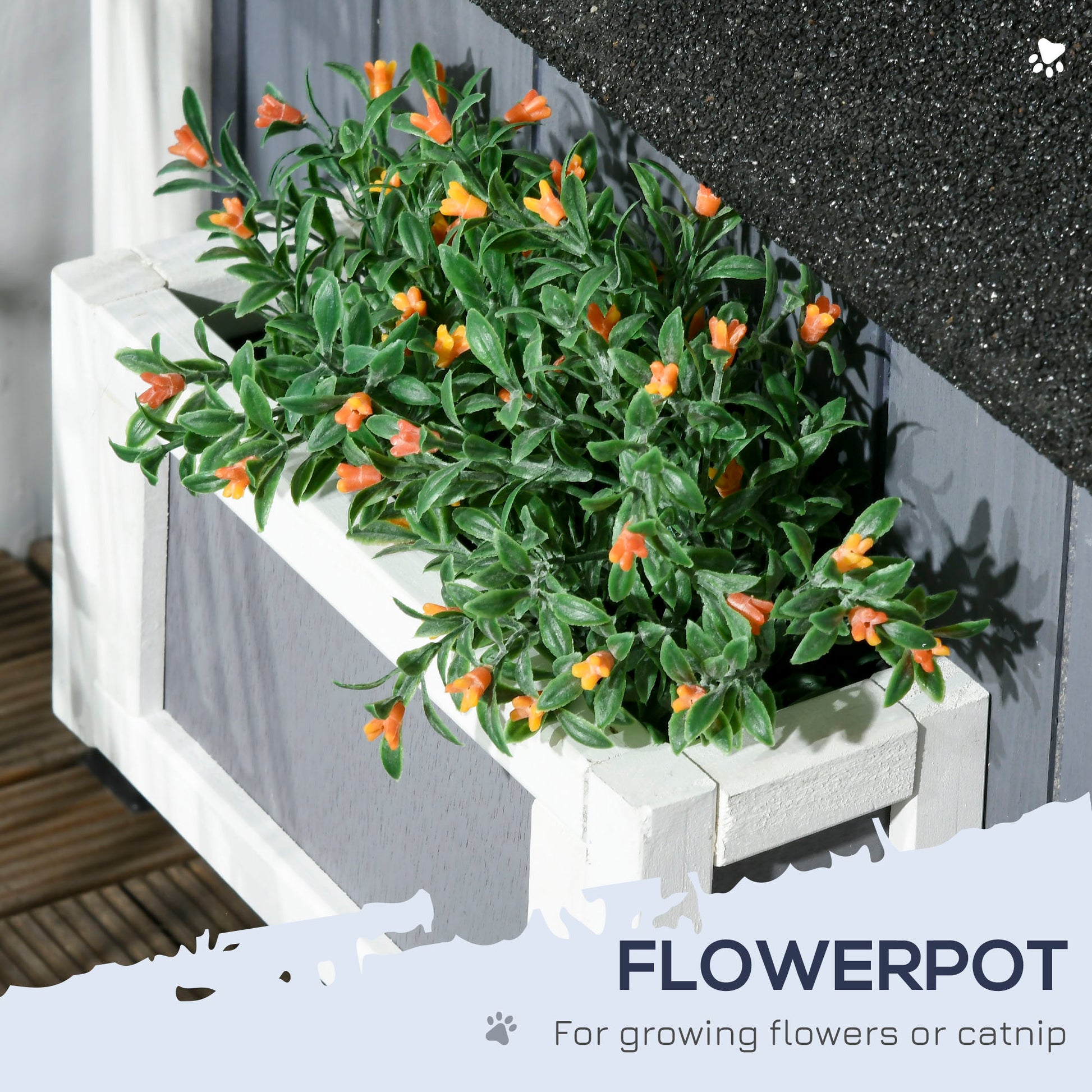 white wooden flowerpot with green foliage and orange blooms, soft natural light, mounted on grey paneling