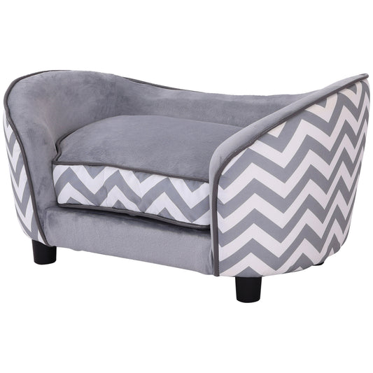 grey velour pet sofa, chevron patterned sides, black legs, soft neutral tones