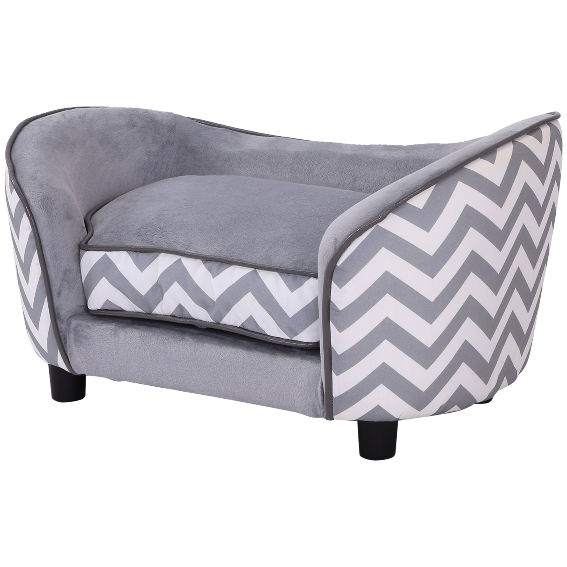 grey velour pet sofa, chevron pattern, black legs, soft curves