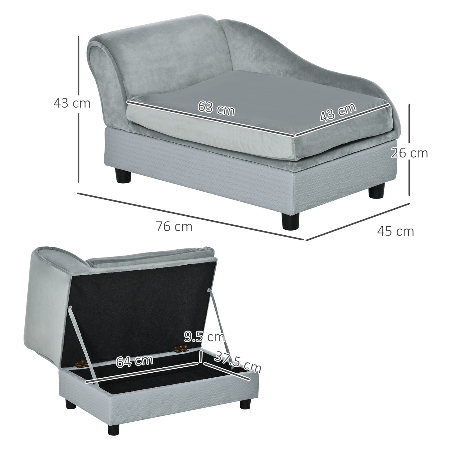 grey velour pet chaise, storage compartment, black legs, soft neutral tones