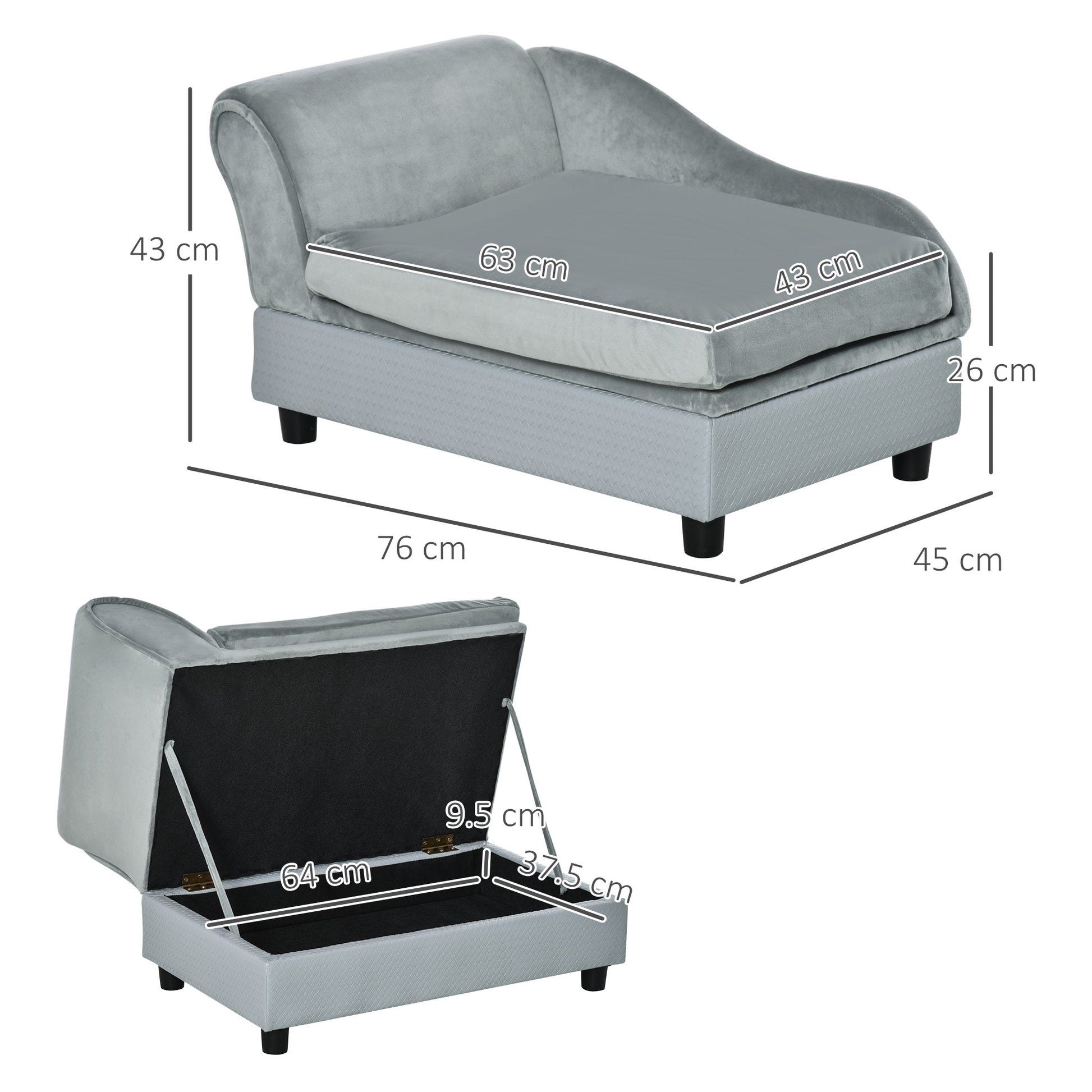 grey velour pet chaise, storage compartment, black legs, soft neutral tones