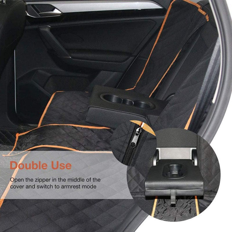 black quilted car seat cover with orange piping, integrated cup holder, zipper detail for armrest mode