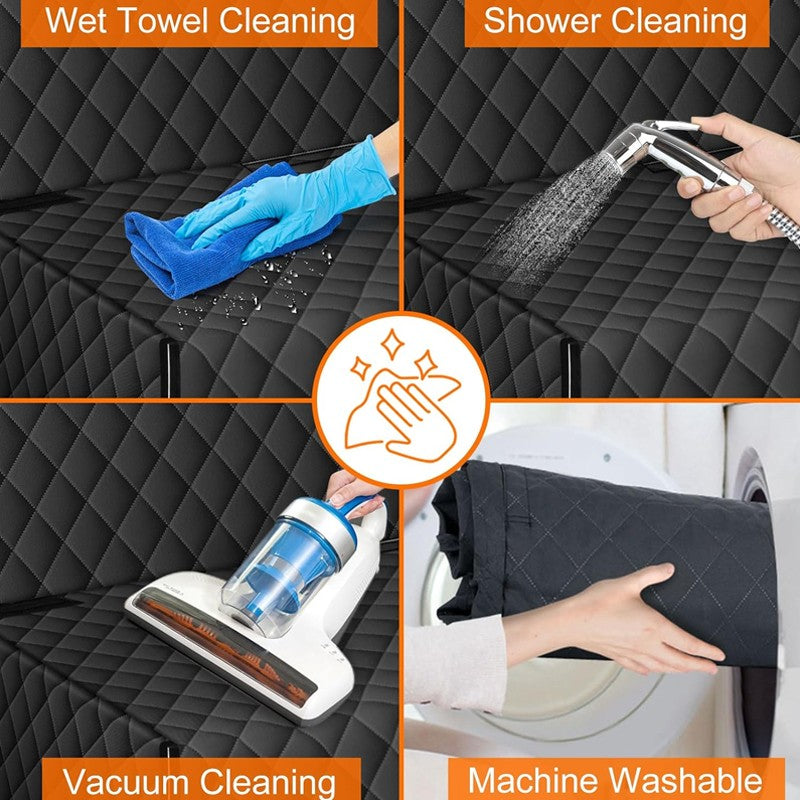 black quilted pet bed cover, wet towel, shower, vacuum, and machine wash cleaning methods