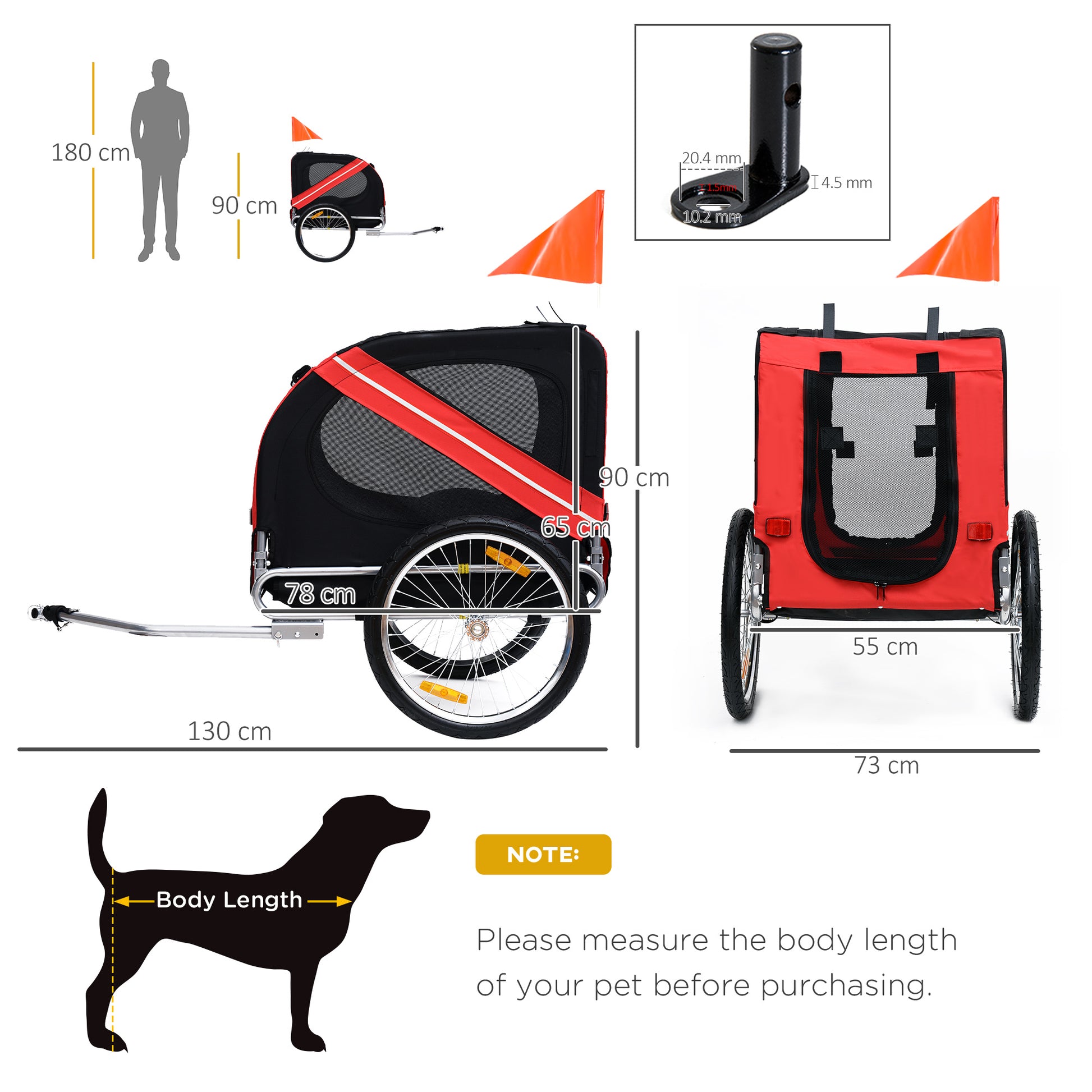 red and black pet bike trailer, mesh panels, steel frame, dimensions shown with human and dog silhouettes