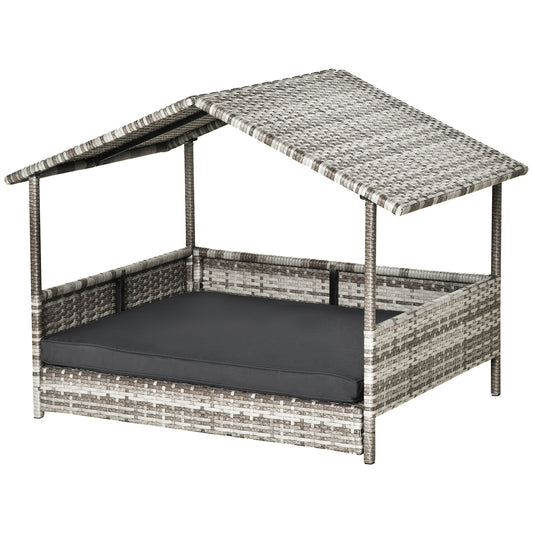 woven rattan dog bed with canopy, charcoal cushion, neutral tones
