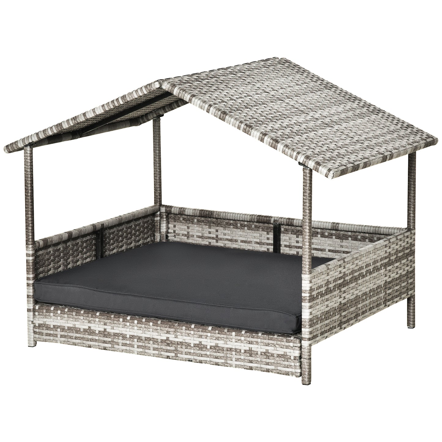 woven rattan dog bed with canopy, dark grey cushion, neutral tones