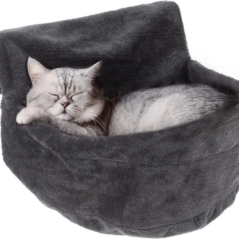 velour pet bed, soft grey cat nestled in plush comfort, warm neutrals