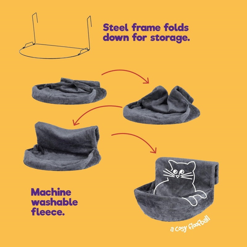 machine washable fleece, steel frame folds, cozy cat bed in warm neutrals