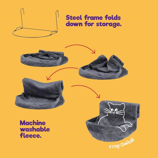 machine washable fleece, steel frame folds, cozy cat bed in warm neutrals