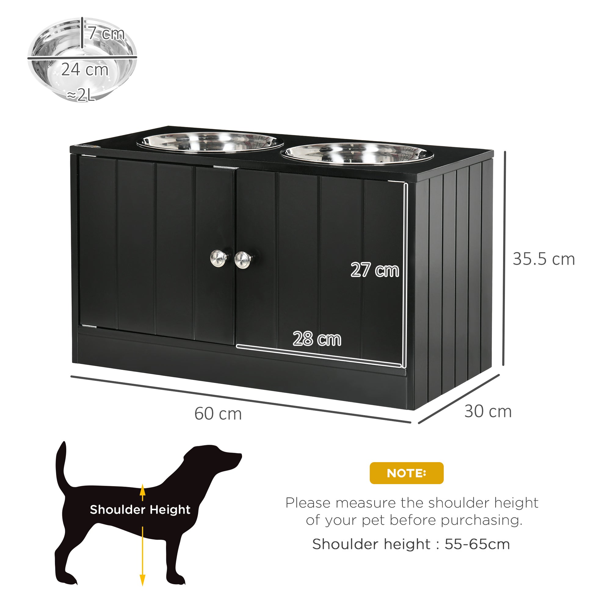 black wood raised dog feeder with stainless steel bowls, clean lines, studio lighting