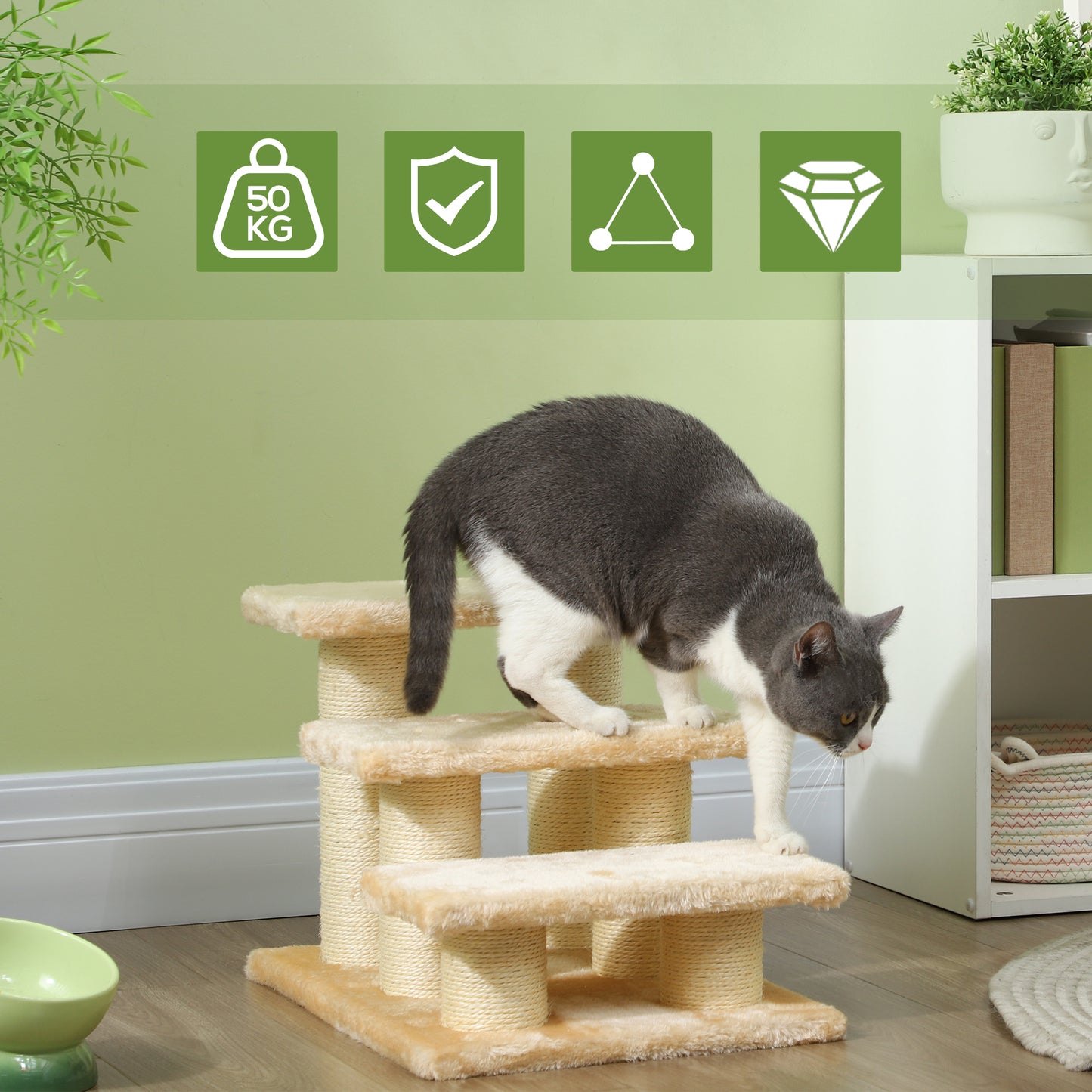 grey and white cat on a beige velour cat tree with sisal posts, soft light, green wall
