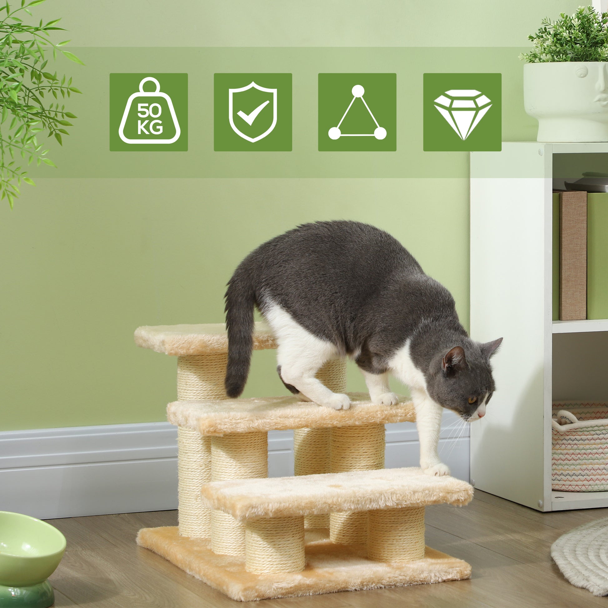 grey and white cat on a beige velour cat tree with sisal posts, soft light, green wall
