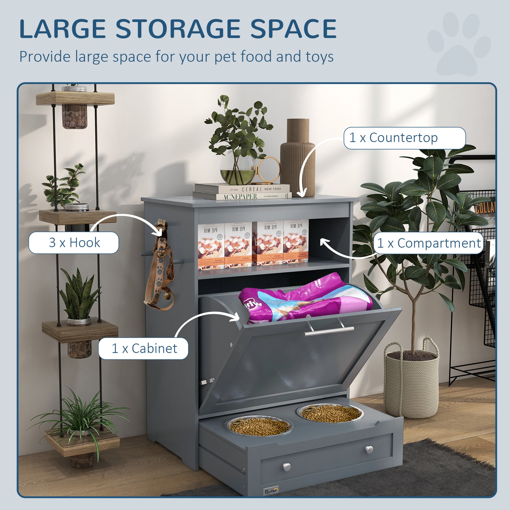 grey pet storage cabinet, open compartment with food bags, countertop with books, soft indoor light