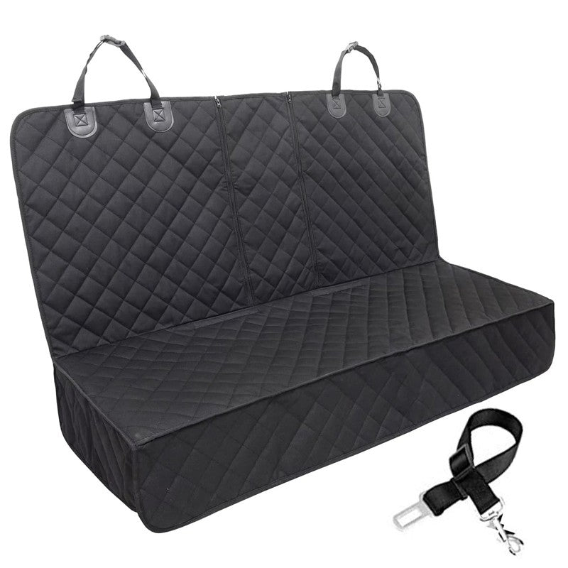 black quilted pet car seat cover, diamond stitching, with safety strap, studio lighting