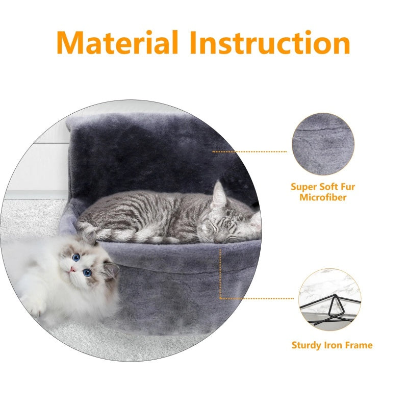 super soft fur microfiber pet bed, sturdy iron frame, two cats resting in warm neutrals