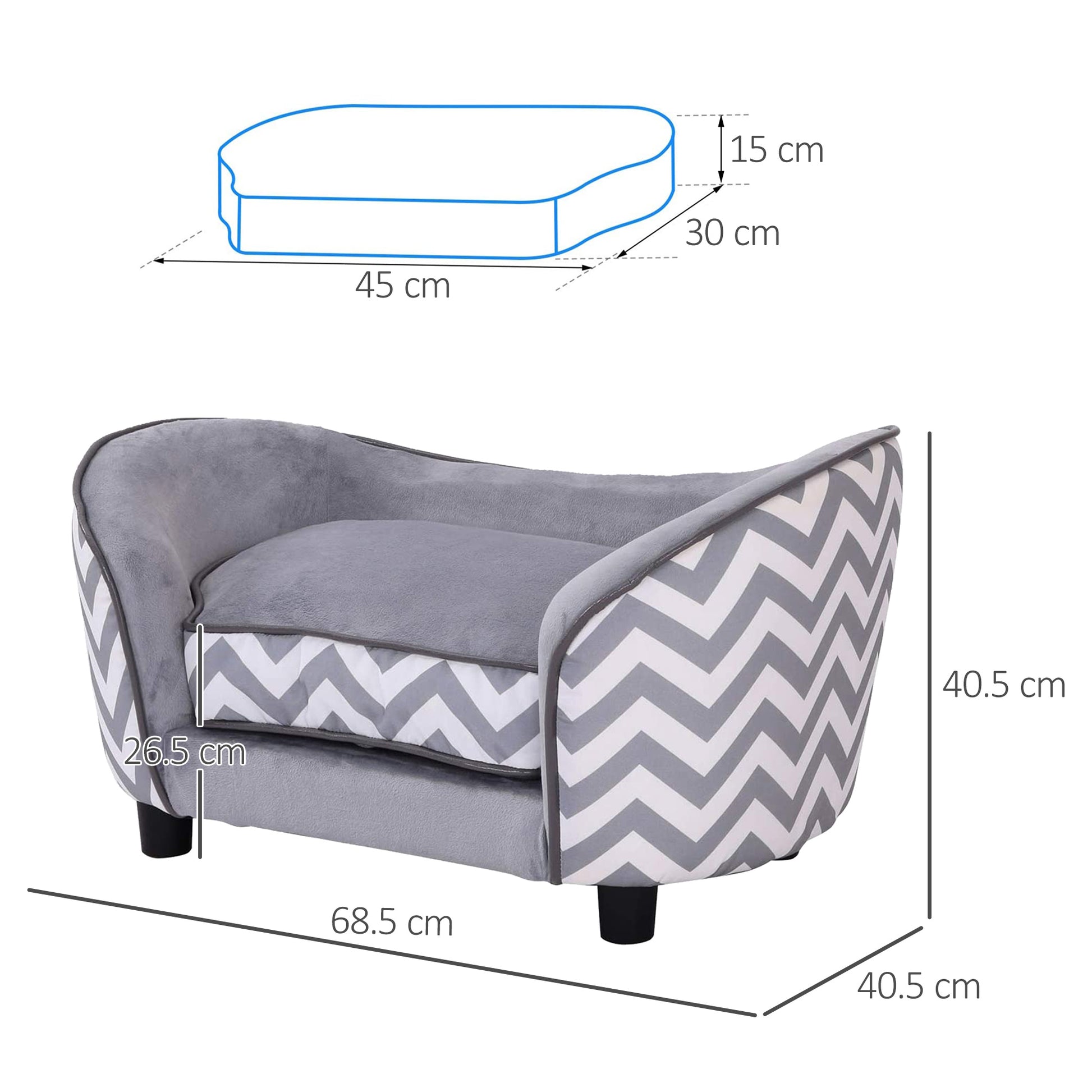 grey velour pet sofa with chevron pattern, black legs, studio lighting, clean white background