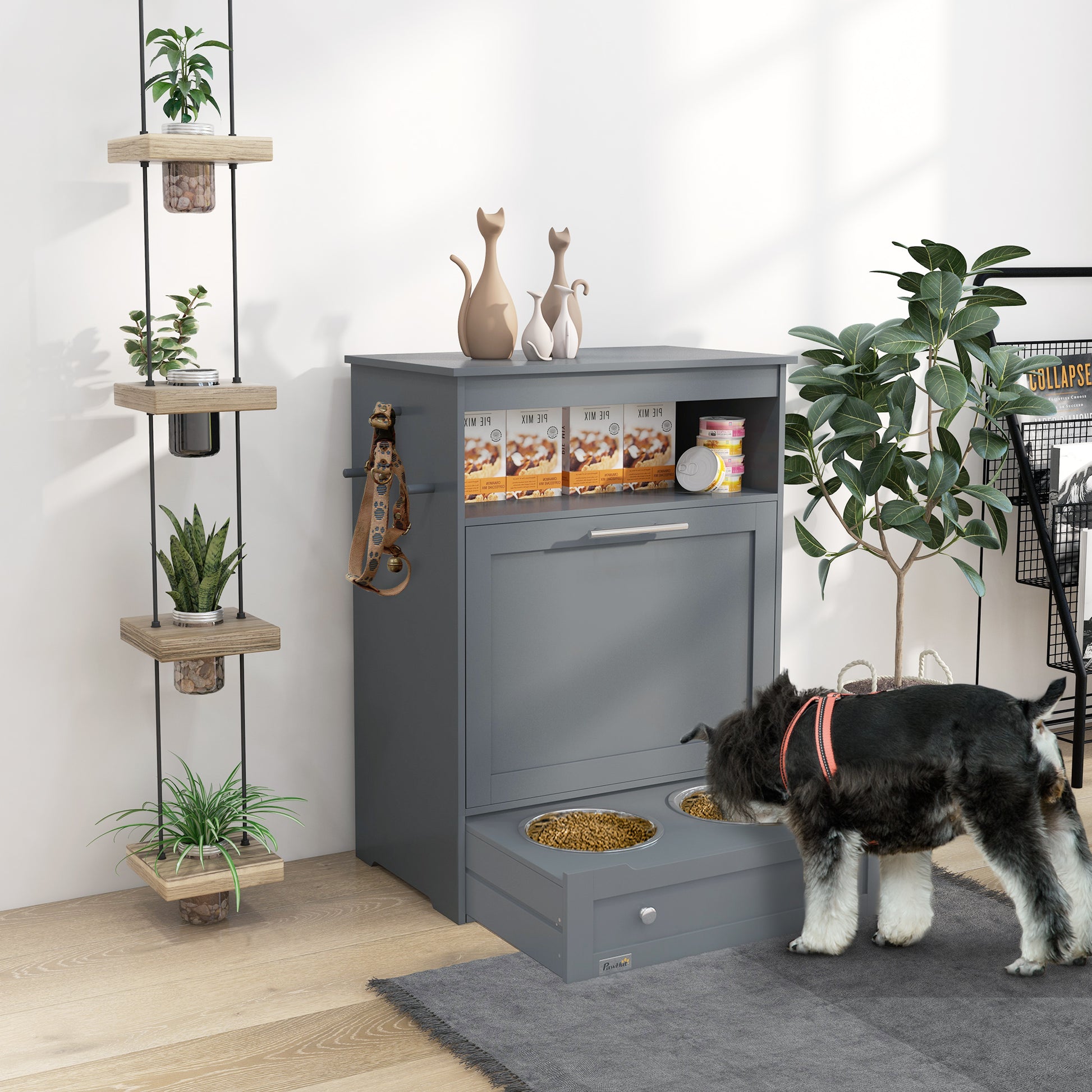 grey pet feeder cabinet, oak shelving, natural light, dog eating from raised bowls, ceramic cat decor