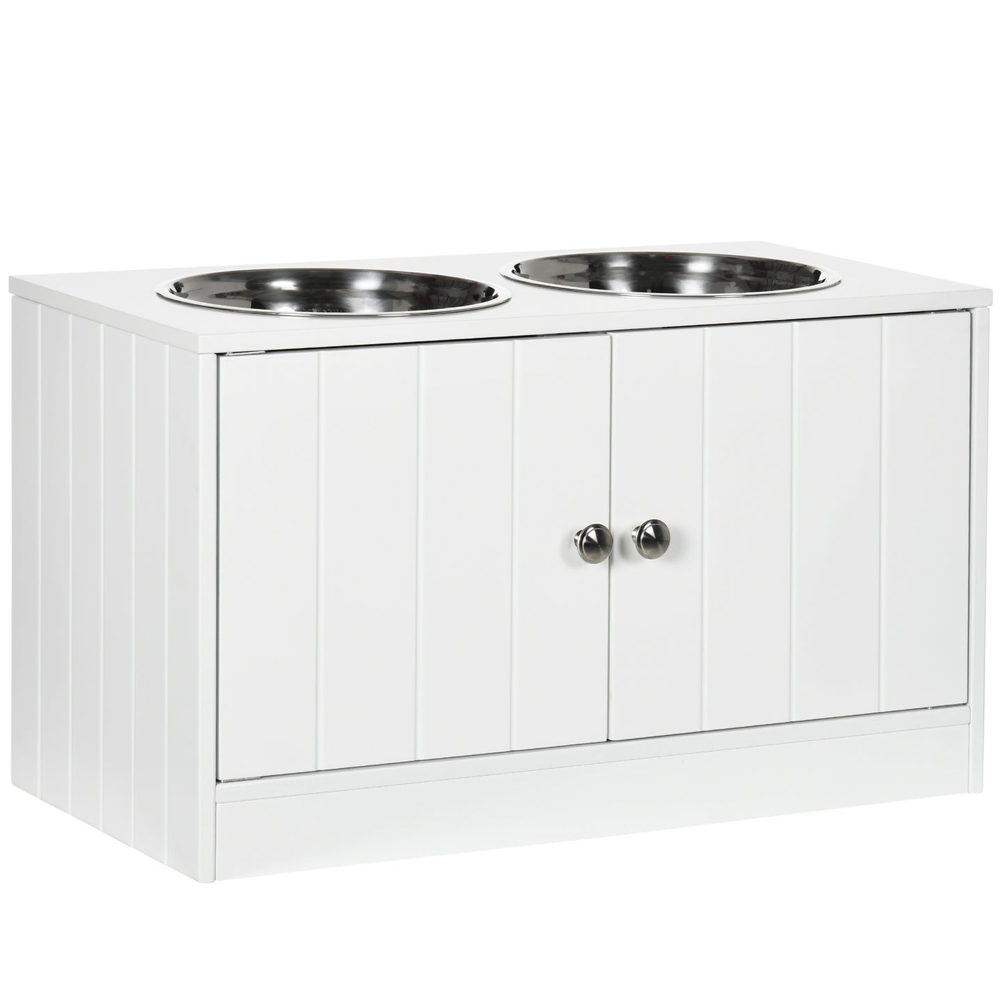 white wood raised feeder with two stainless steel bowls, clean lines, minimalist design
