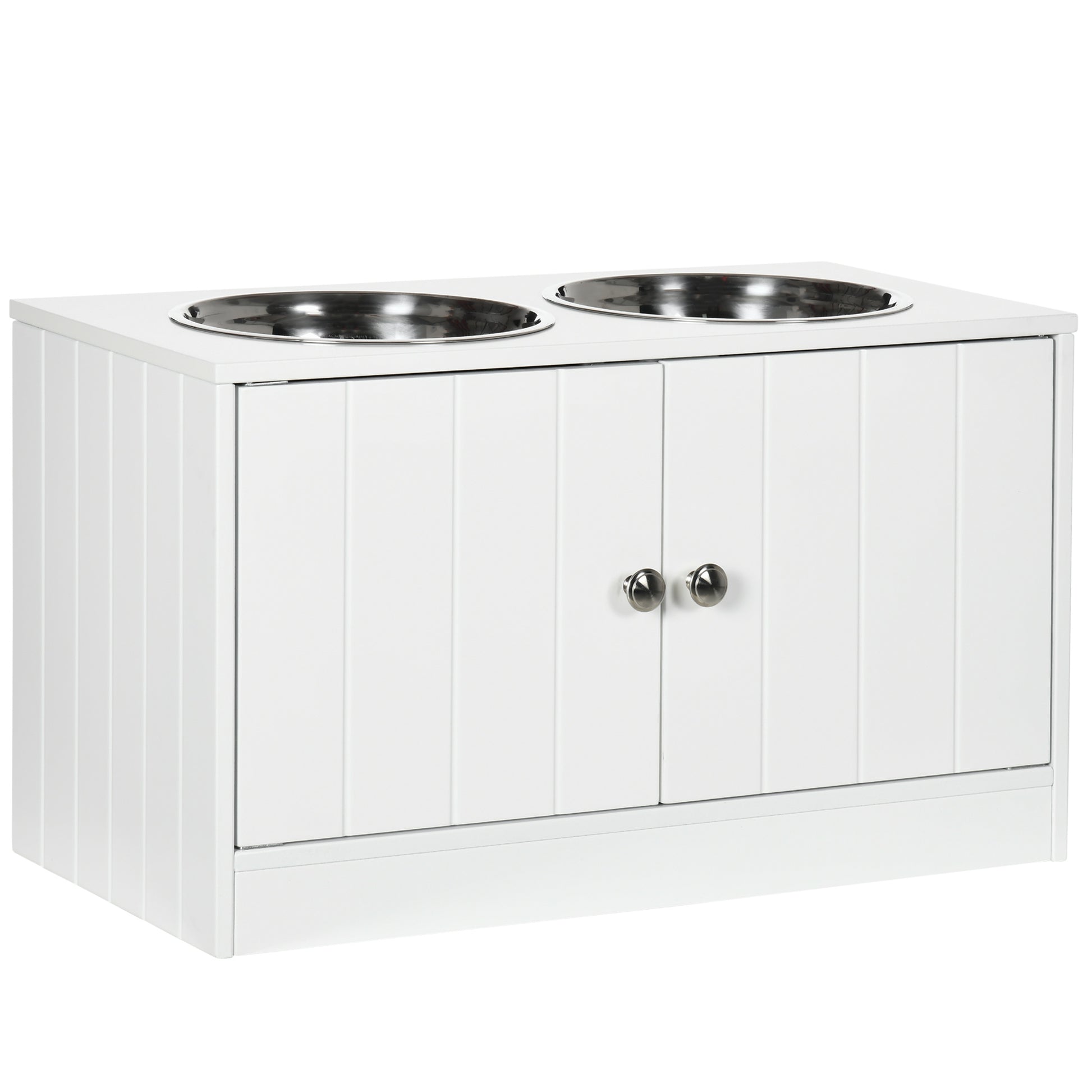 white wood raised feeder with two stainless steel bowls, clean lines, minimalist design